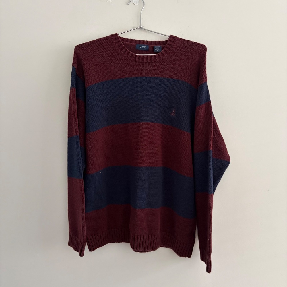 IZOD Mens Large Striped Crewneck Sweater Maroon Navy Blue Cotton Knit